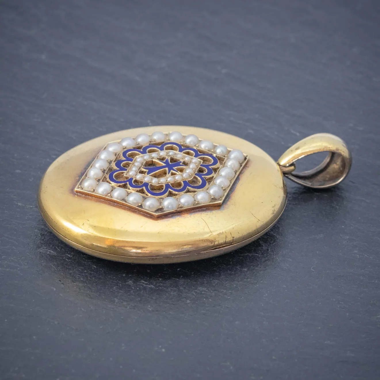 Antique Victorian 18ct Gold Pearl Locket Blue Enamel Cross Circa 1900 Boxed