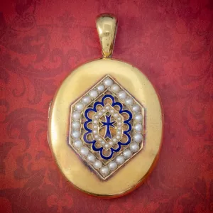 Antique Victorian 18ct Gold Pearl Locket Blue Enamel Cross Circa 1900 Boxed