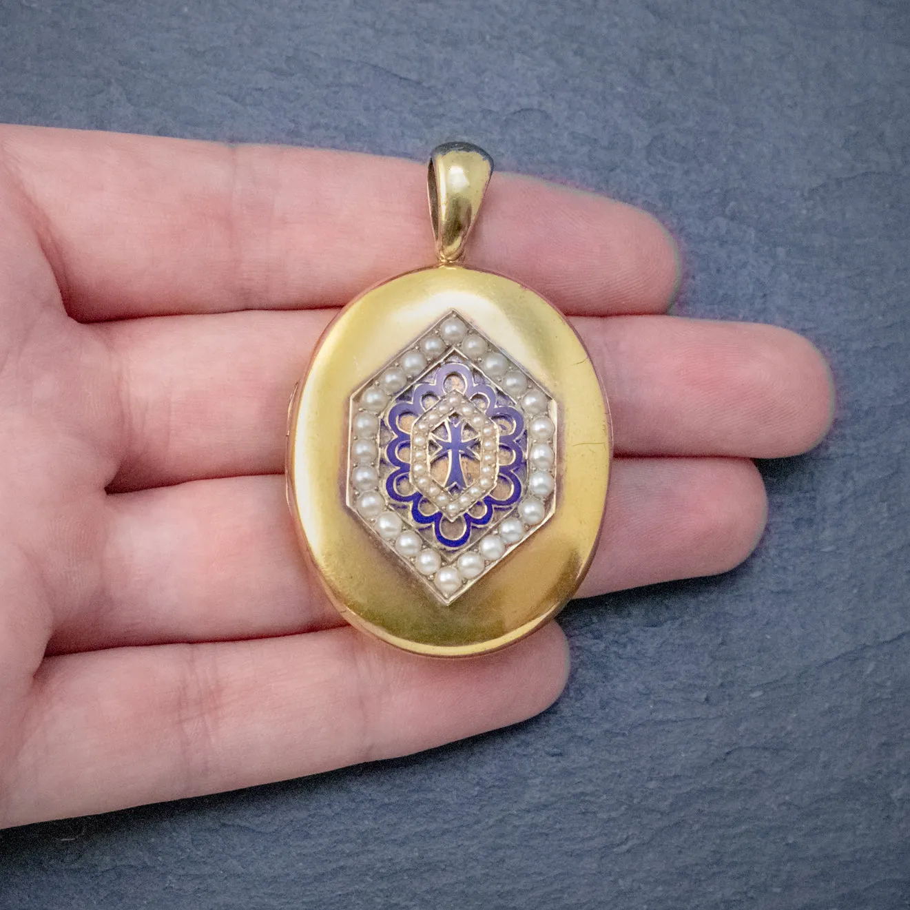 Antique Victorian 18ct Gold Pearl Locket Blue Enamel Cross Circa 1900 Boxed