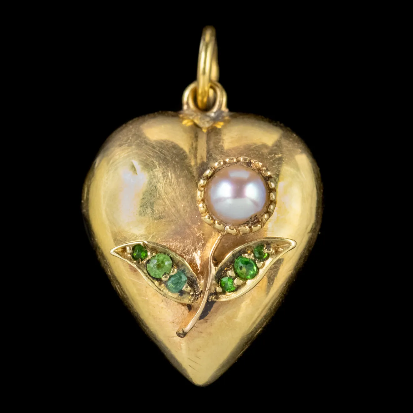 Antique Victorian Heart Locket Pendant Pearl Green Garnet Flower 18Ct Gold Circa 1880
