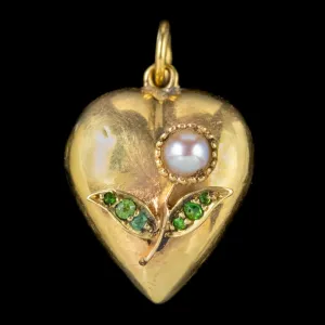 Antique Victorian Heart Locket Pendant Pearl Green Garnet Flower 18Ct Gold Circa 1880