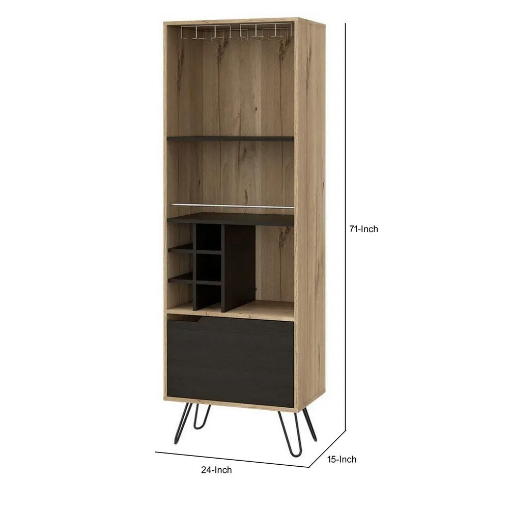 Ash 71 Inch Bar Cabinet, 2 Shelves, 6 Cubbies, Hairpin Legs, Walnut Brown By Casagear Home