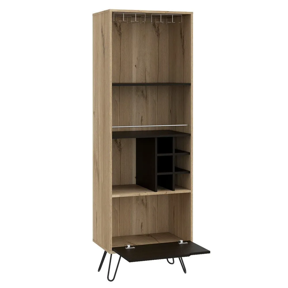Ash 71 Inch Bar Cabinet, 2 Shelves, 6 Cubbies, Hairpin Legs, Walnut Brown By Casagear Home