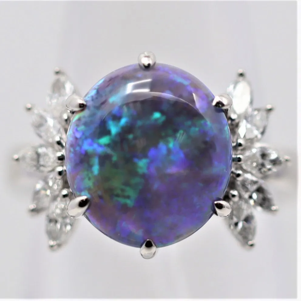 Australian Black Crystal Opal Diamond Platinum Ring