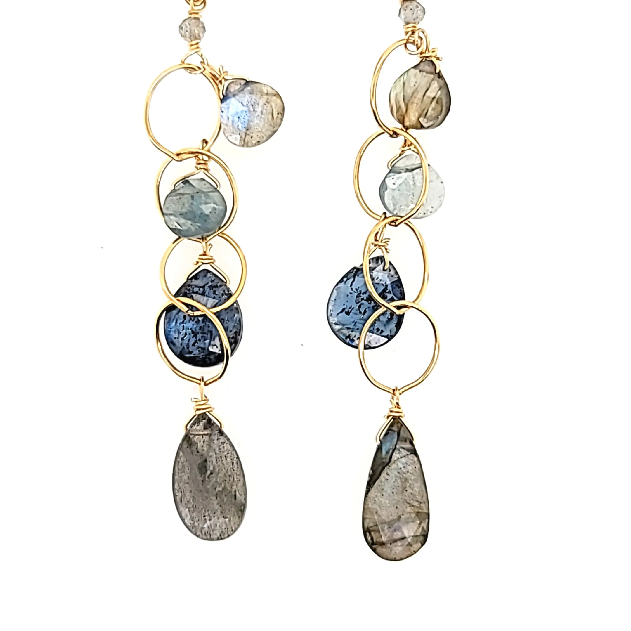 AVF Gold Labradorite, Kyanite & Moss Aqua Dangle Chain Earrings (SI2912)