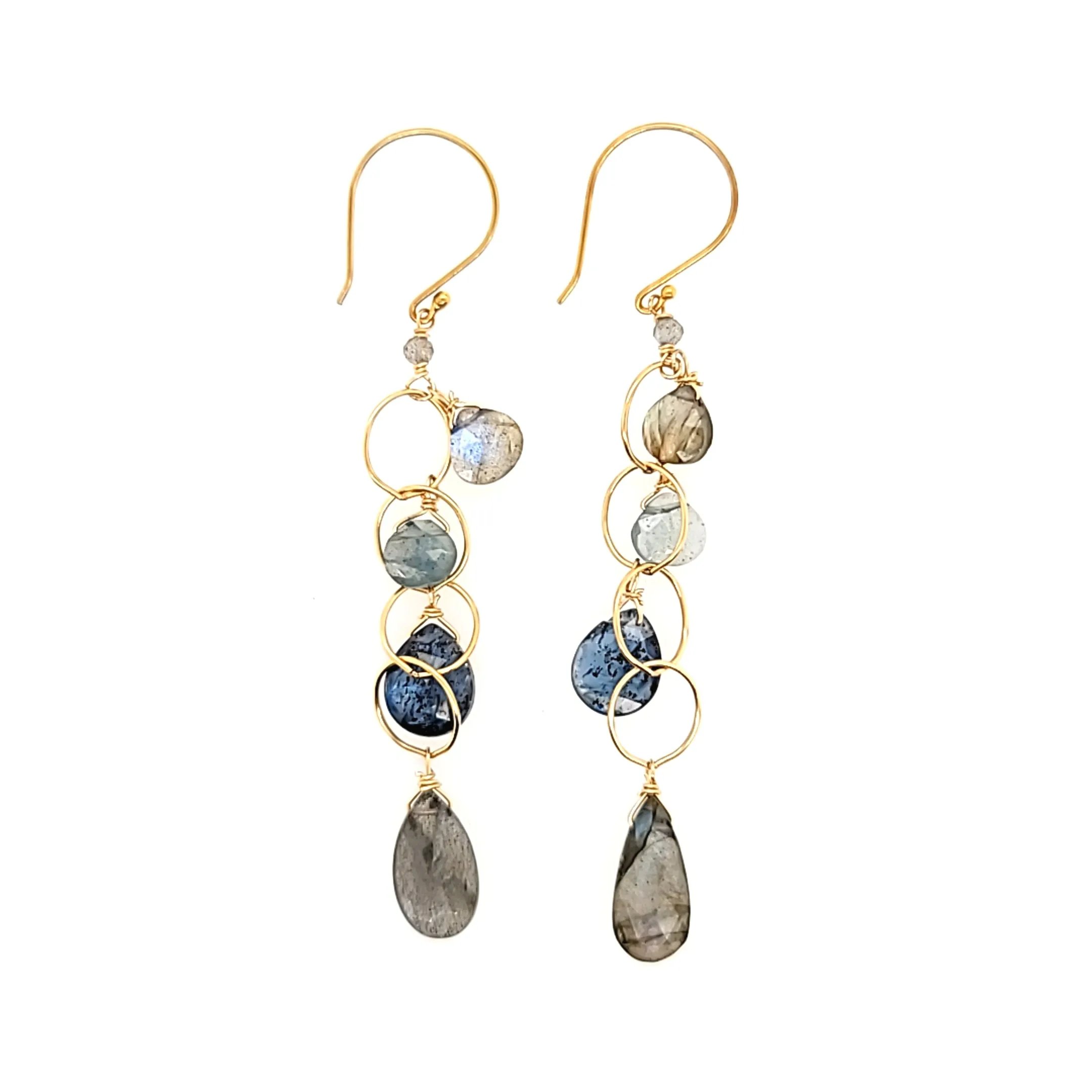 AVF Gold Labradorite, Kyanite & Moss Aqua Dangle Chain Earrings (SI2912)