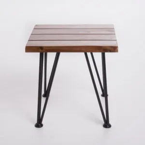 Avy Outdoor Rustic Industrial Acacia Wood Accent Table with Metal Hairpin Legs, Teak