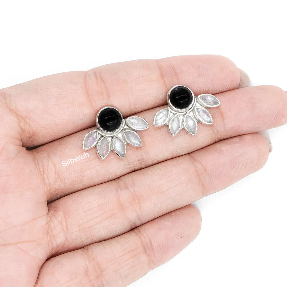 Black Onyx & Rainbow Moonstone Silver Stud Earring