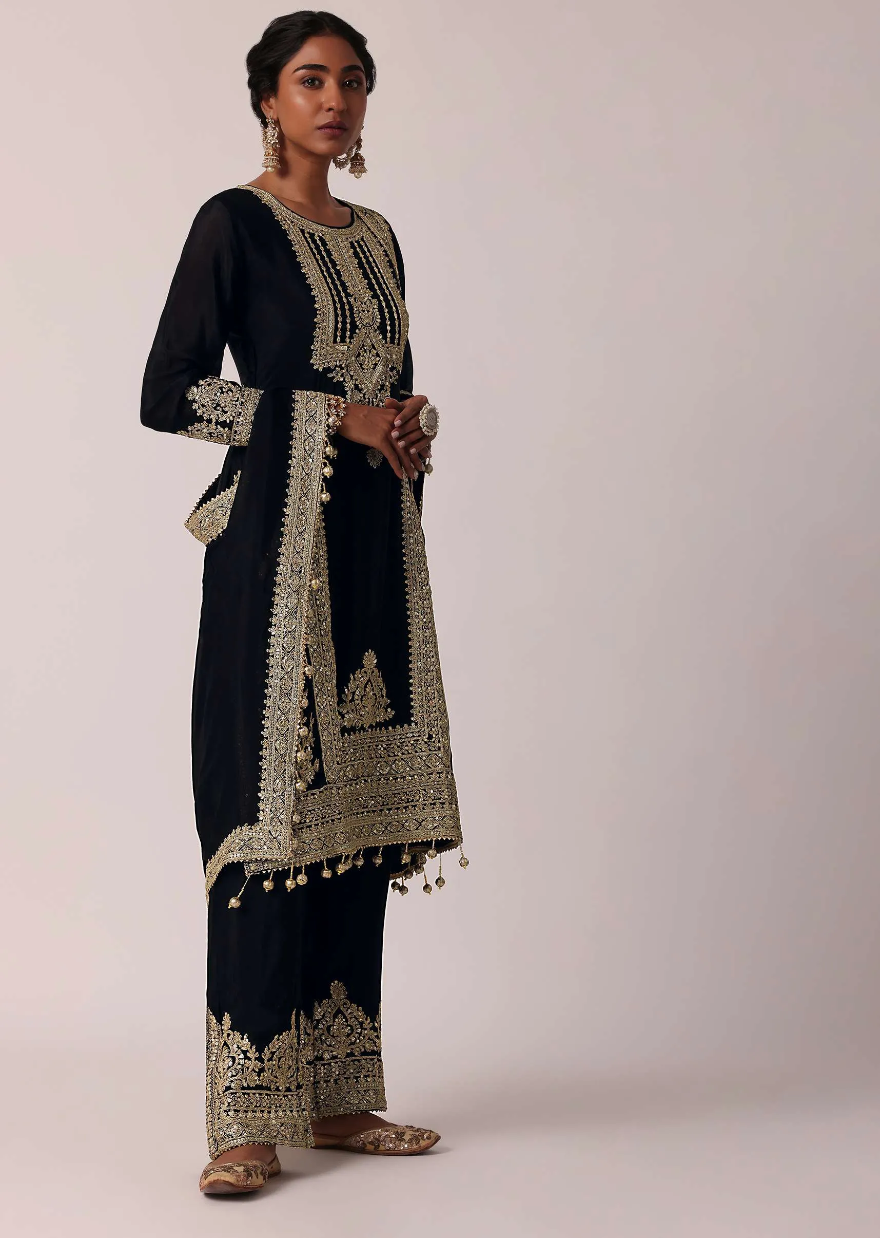 Black Pant Set In Chiffon With Zardozi Work Kurta