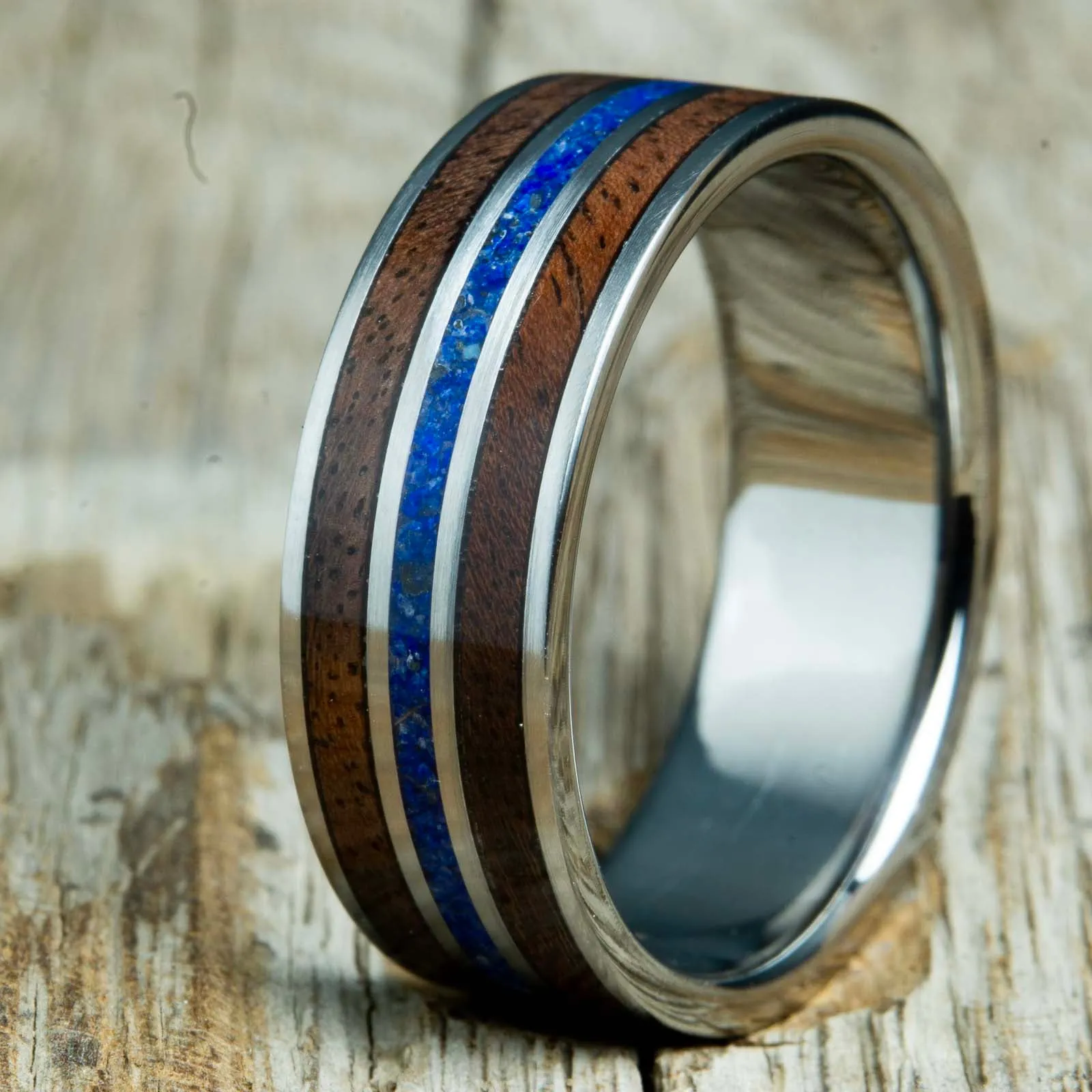 Black Walnut wooden ring with centered lapis stone inlay