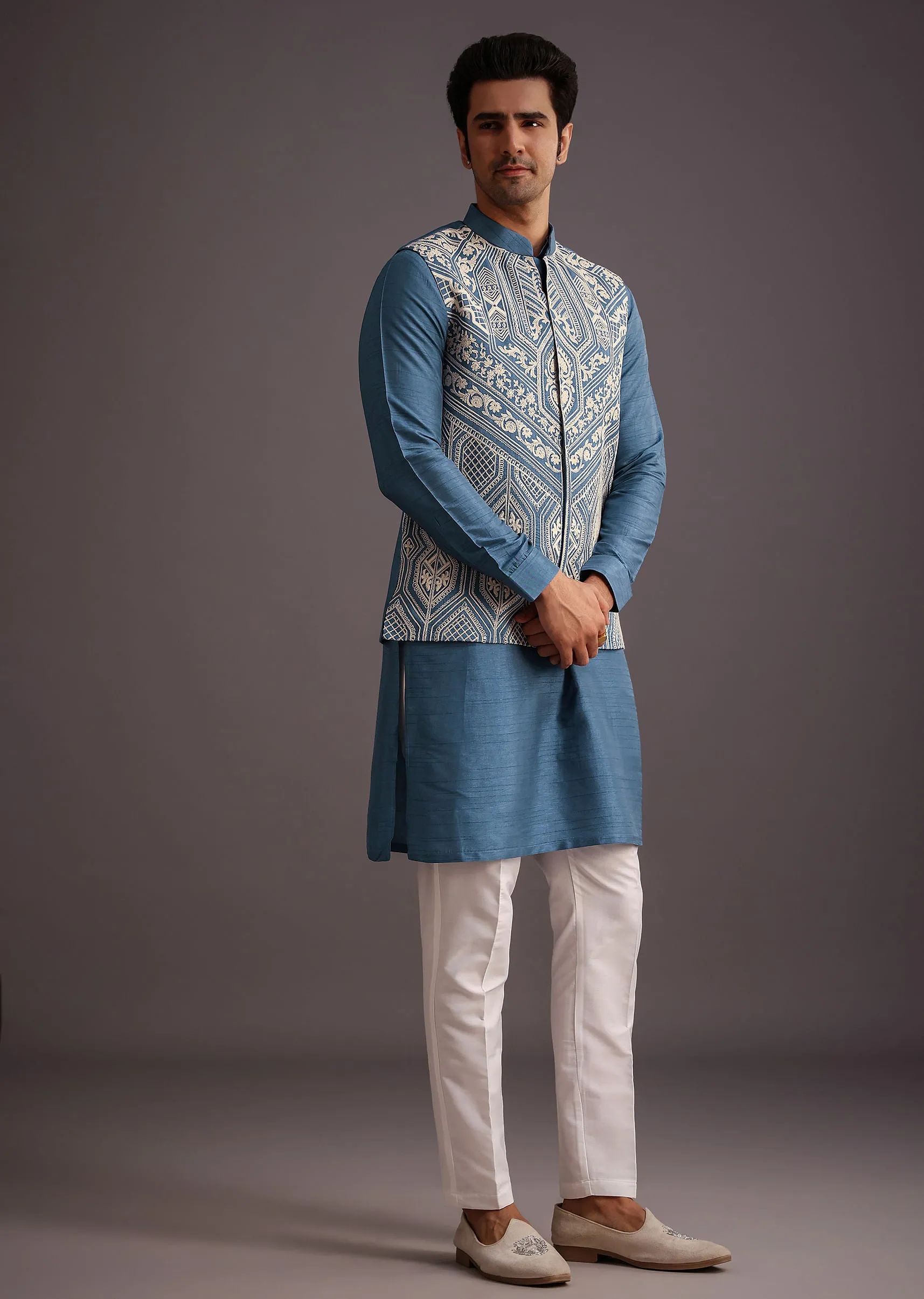 Ble Embroidered Silk Jacket Kurta Set
