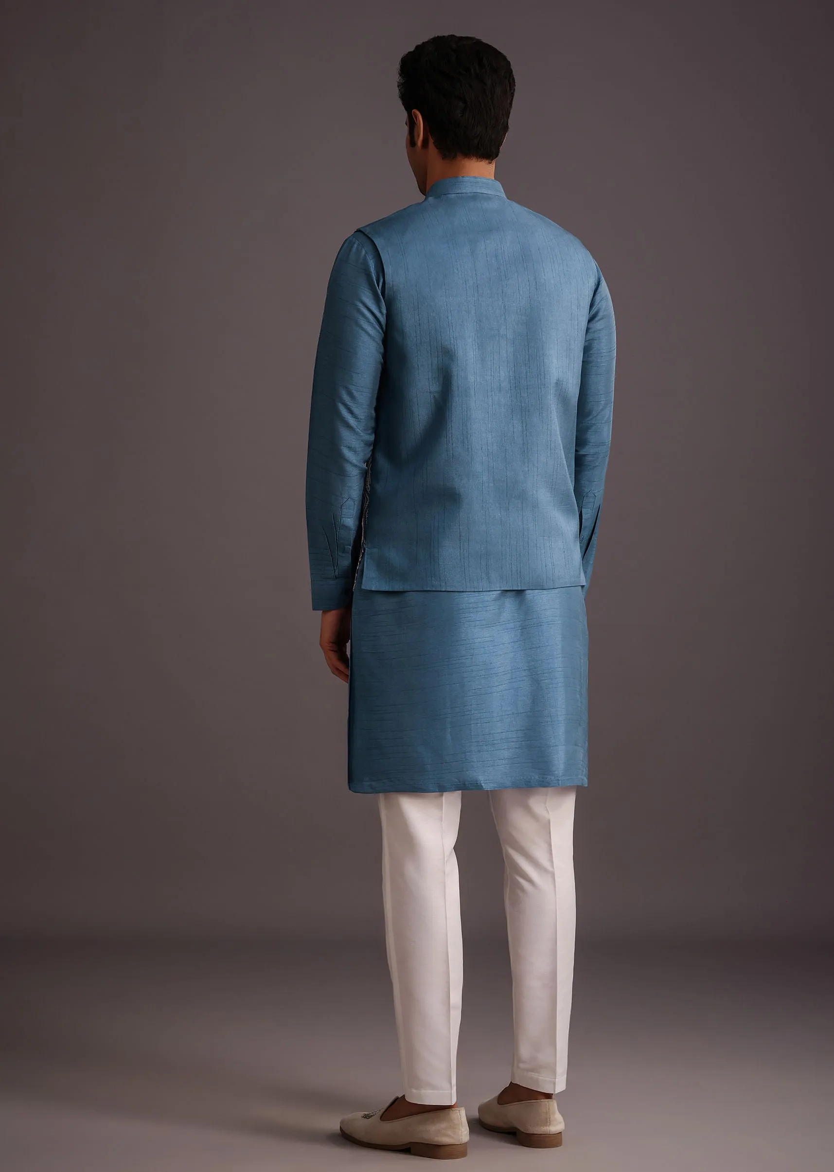 Ble Embroidered Silk Jacket Kurta Set