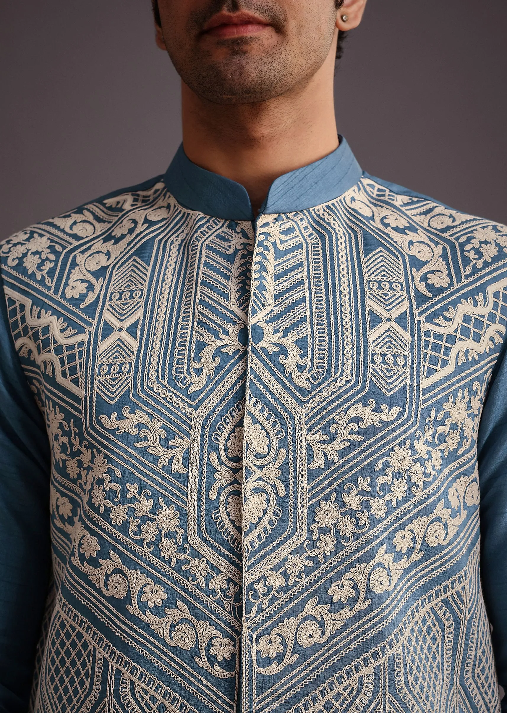Ble Embroidered Silk Jacket Kurta Set