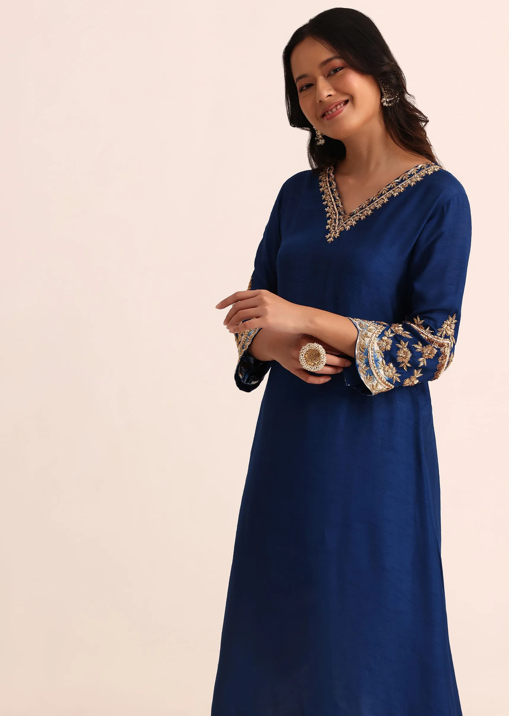 Blue And White Embroidered Silk Kurta Pant
