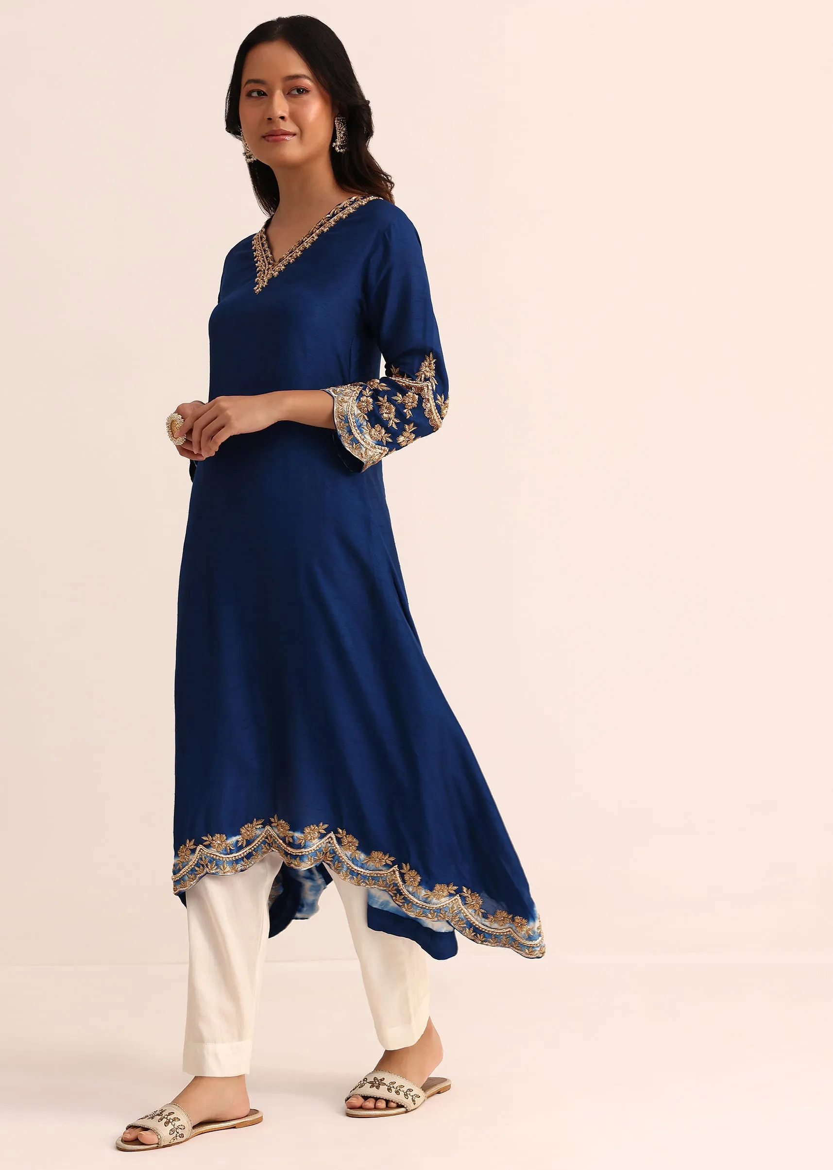 Blue And White Embroidered Silk Kurta Pant