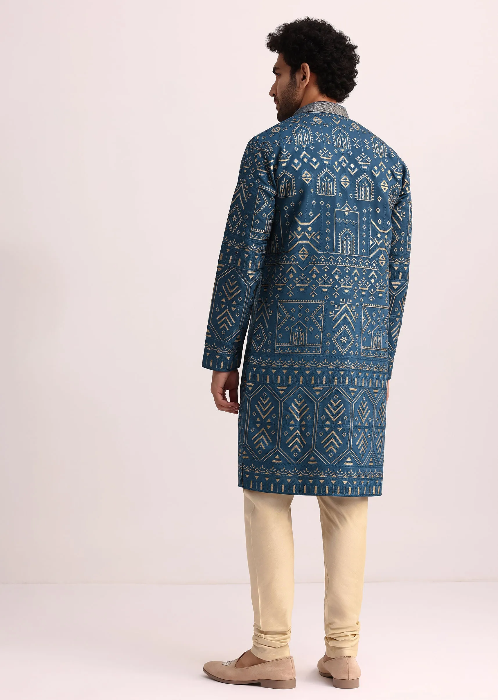 Blue Silk Kurta Set With Applique Work