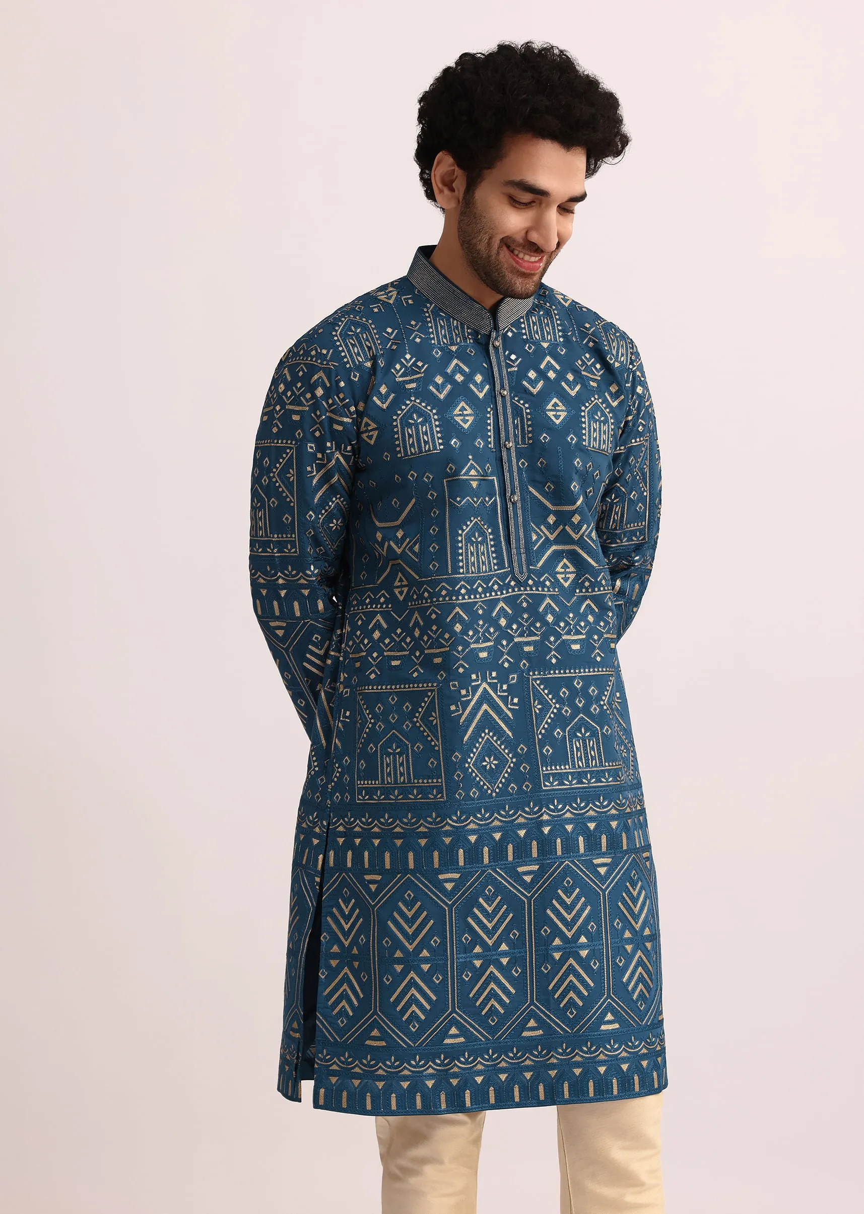 Blue Silk Kurta Set With Applique Work