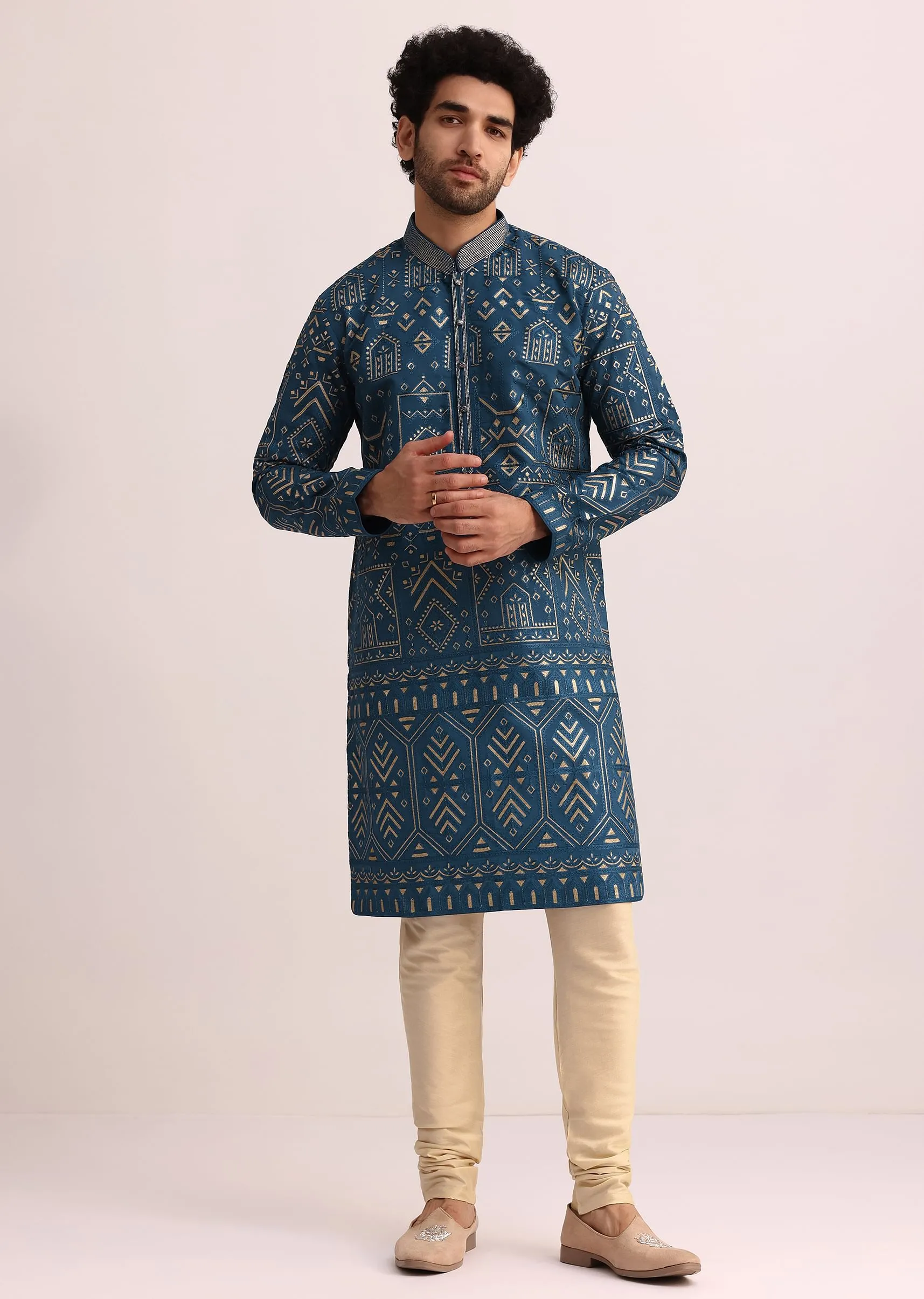 Blue Silk Kurta Set With Applique Work