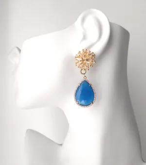 Branch Coral Brass Stud with Haloed Cobalt Blue Quartz Earrings