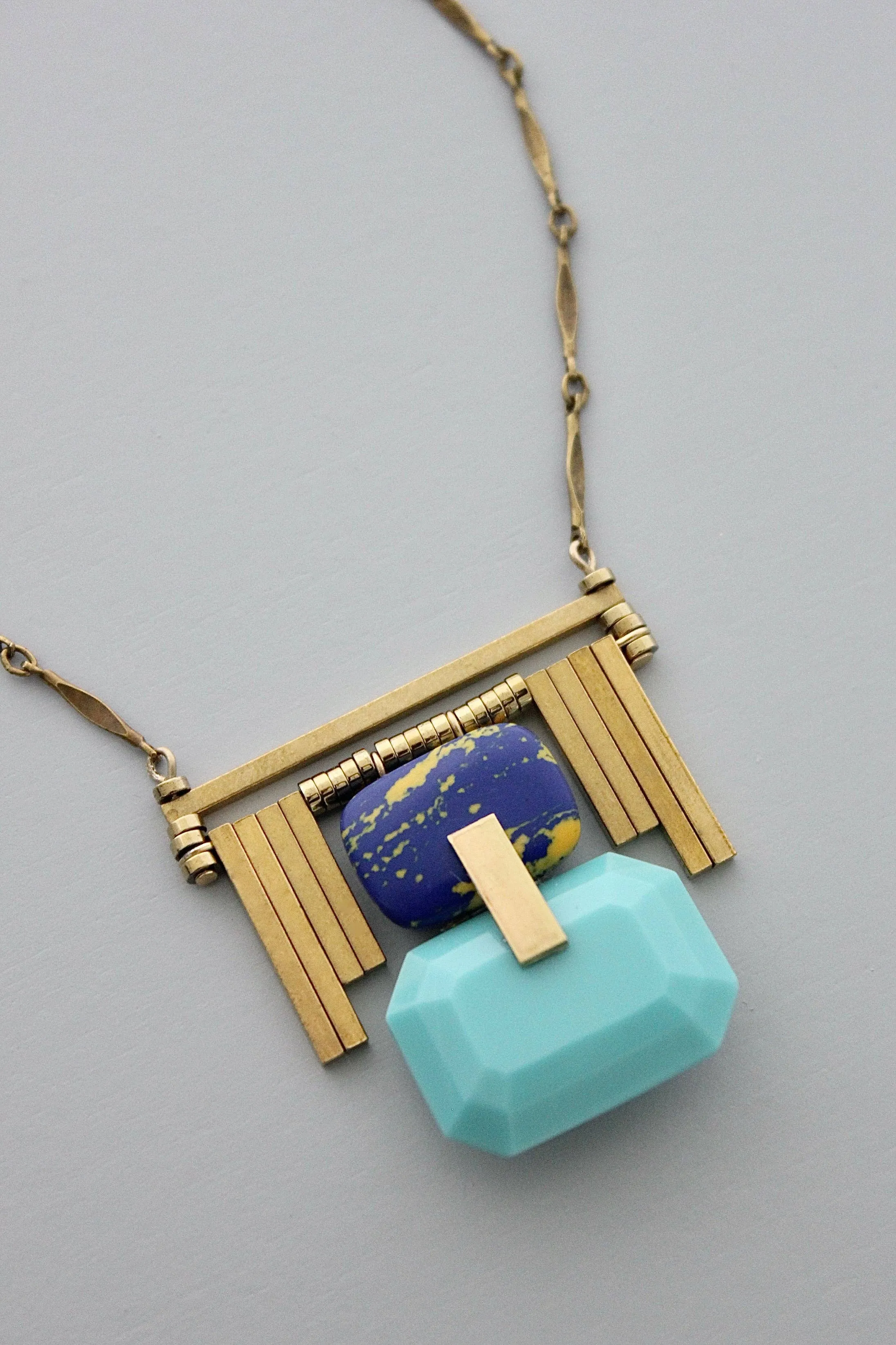 Brass and vintage glass art deco necklace