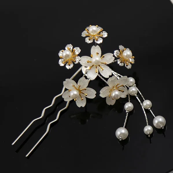 Bridal Small 2-Prong Hair Stick Fork Hairpin with Acrylic Flower Cluster and Faux Peal Tassels