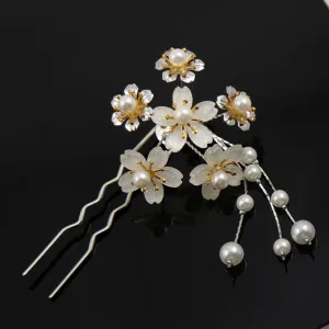 Bridal Small 2-Prong Hair Stick Fork Hairpin with Acrylic Flower Cluster and Faux Peal Tassels