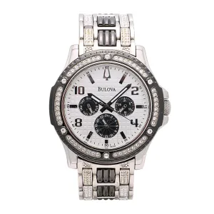 Bulova Black and Silver-Tone Watch Silver Dial Crystals 44mm Quartz (Preowned)