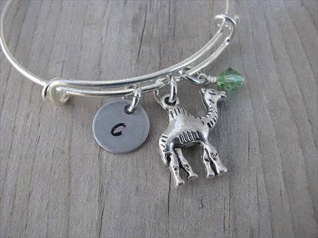 Camel Charm Bracelet -Adjustable Bangle Bracelet with an Initial Charm and an Accent Bead of your choice