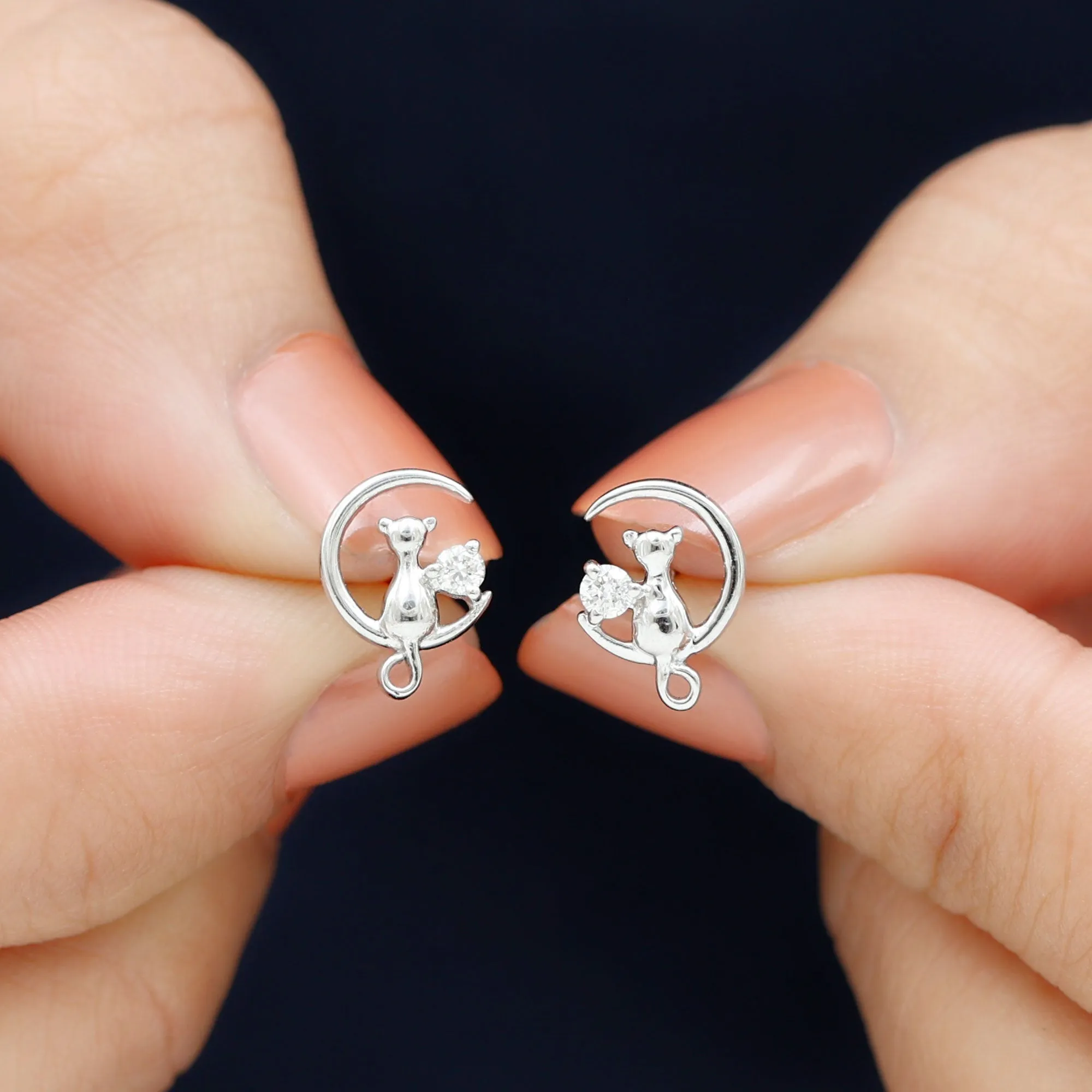 Cat Moon Stud Earrings for Women with Diamond