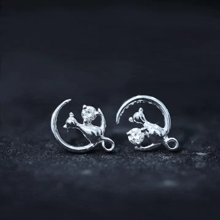 Cat Moon Stud Earrings for Women with Diamond