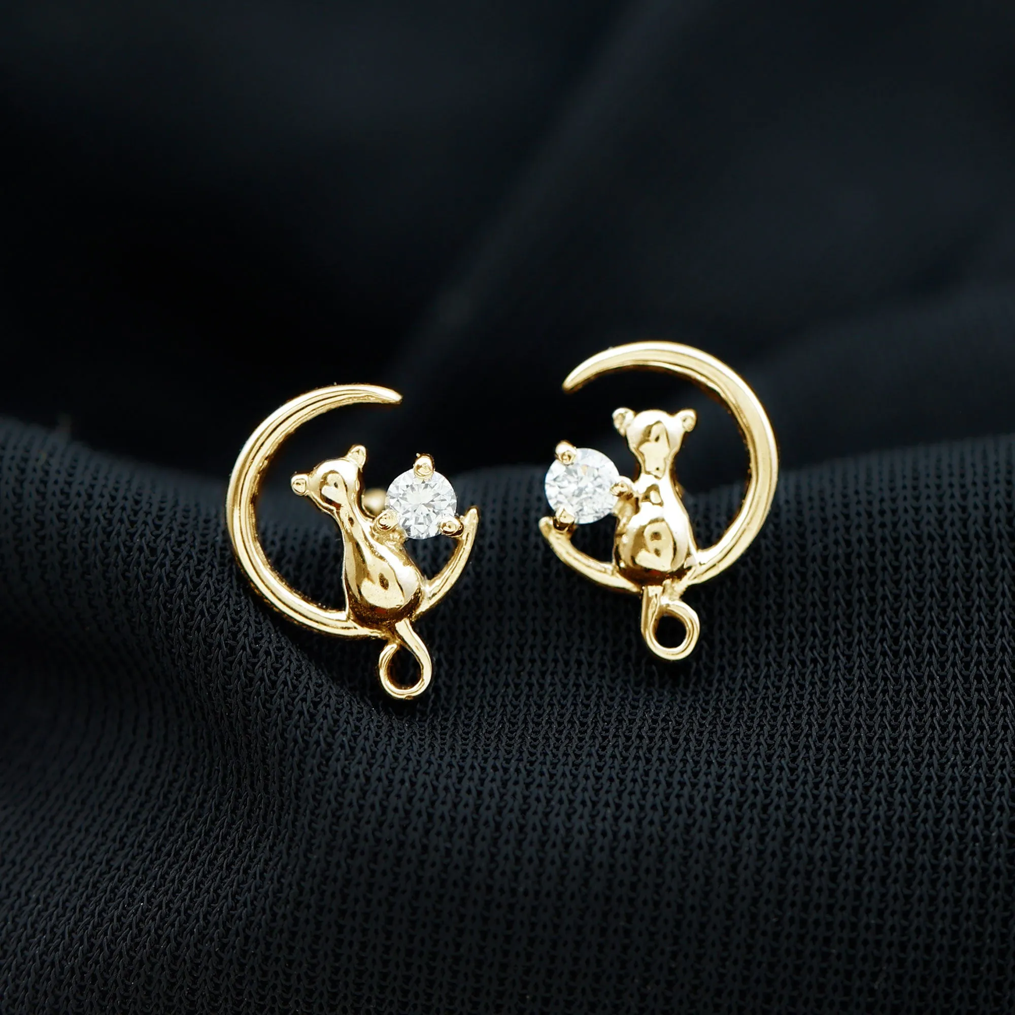 Cat Moon Stud Earrings for Women with Diamond