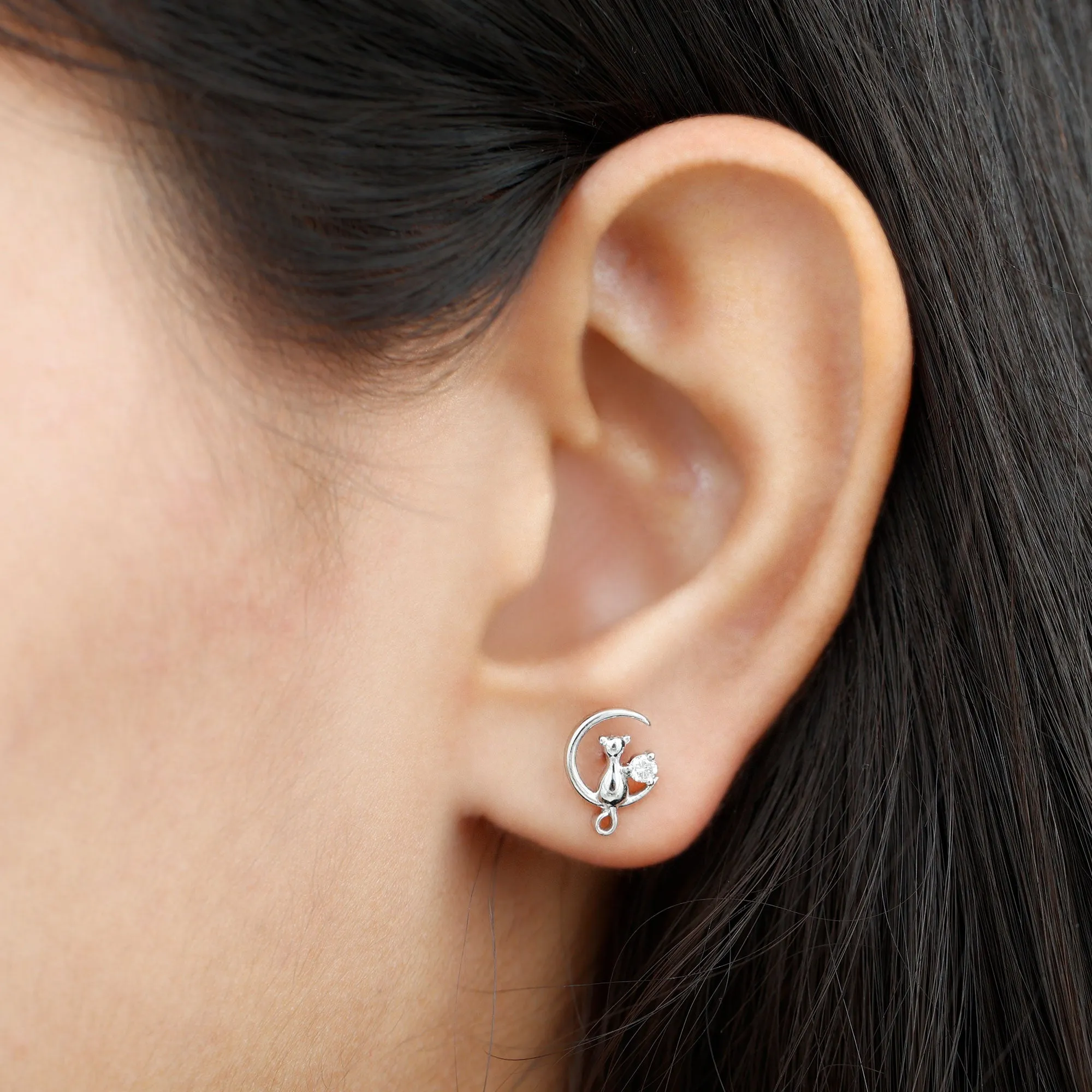 Cat Moon Stud Earrings for Women with Diamond