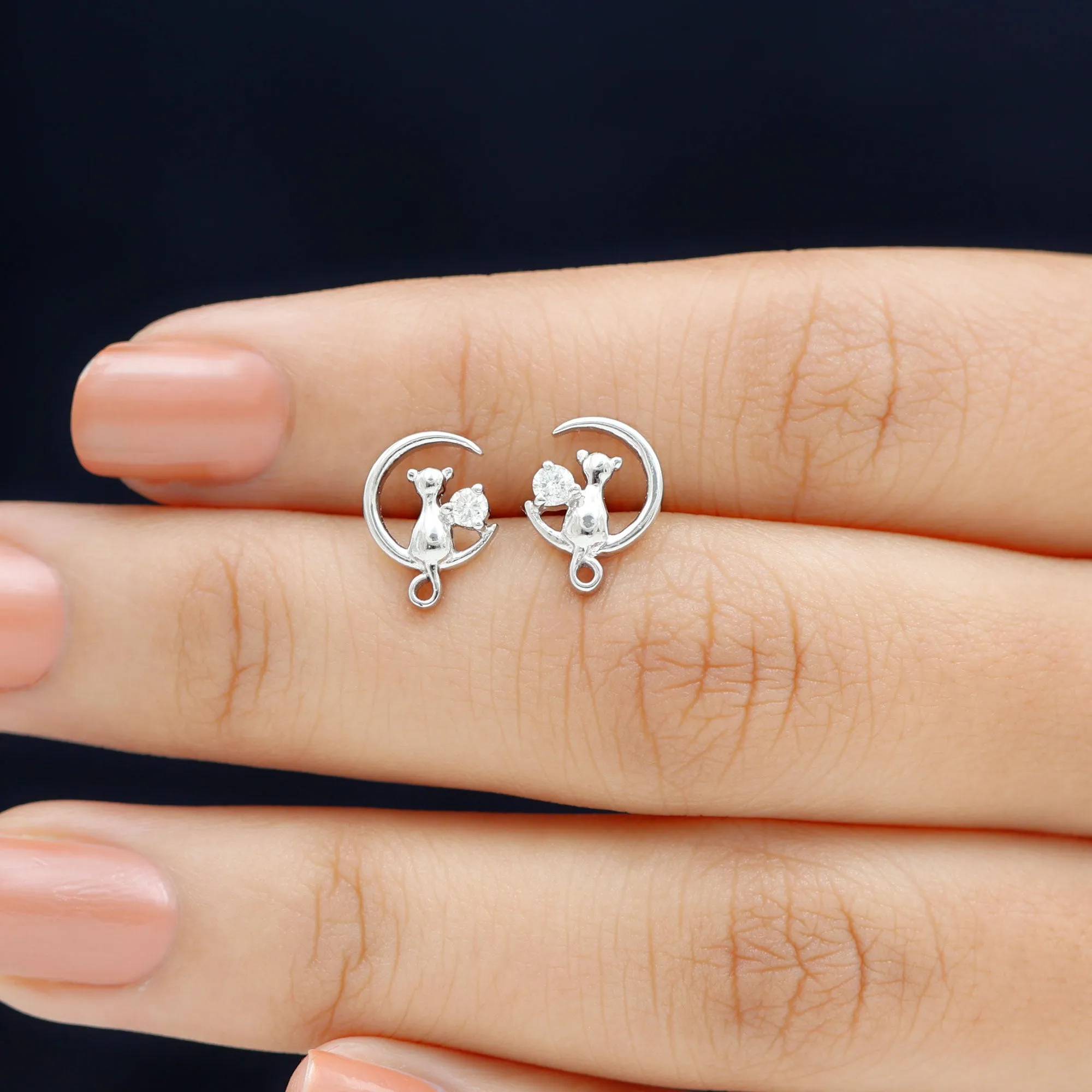 Cat Moon Stud Earrings for Women with Diamond