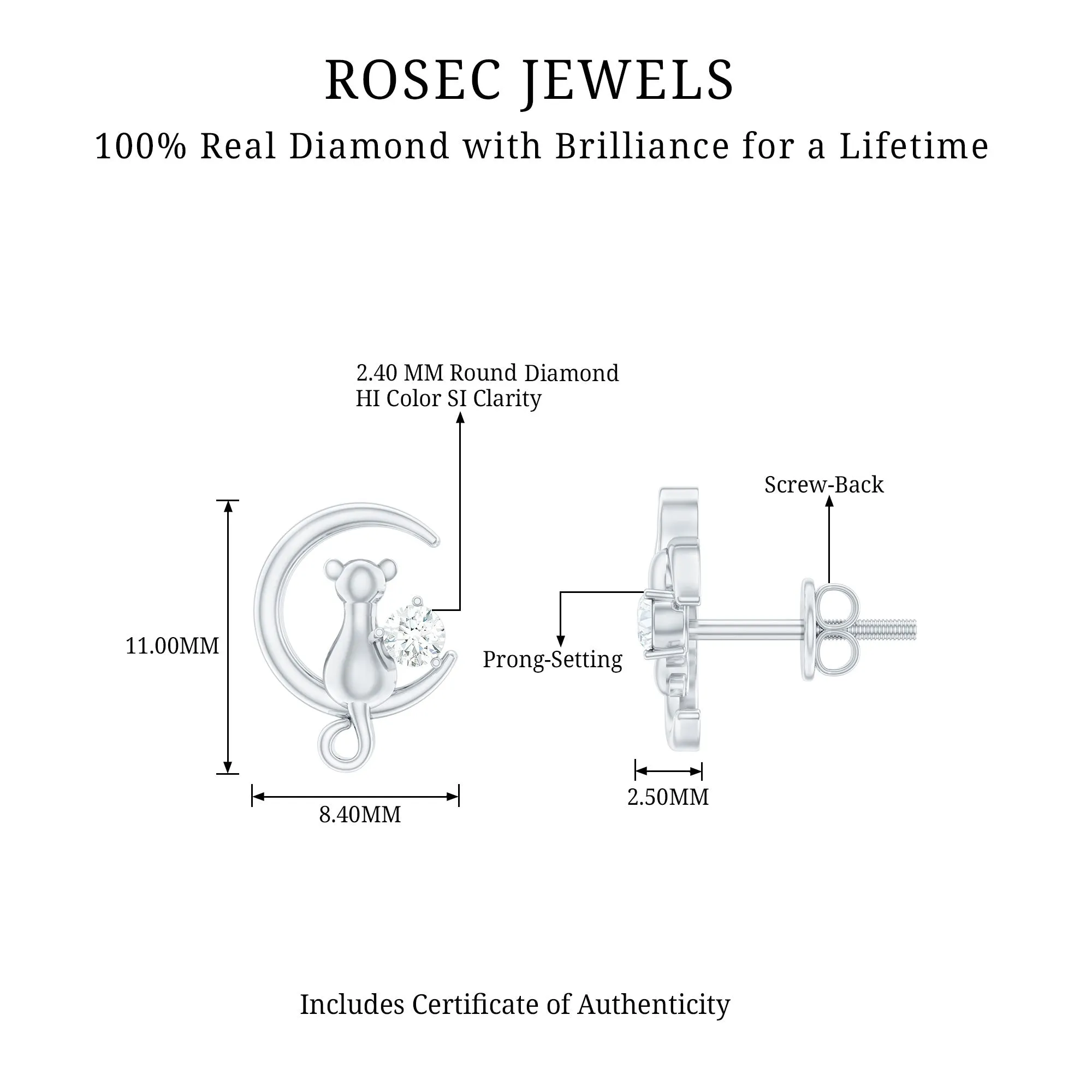 Cat Moon Stud Earrings for Women with Diamond