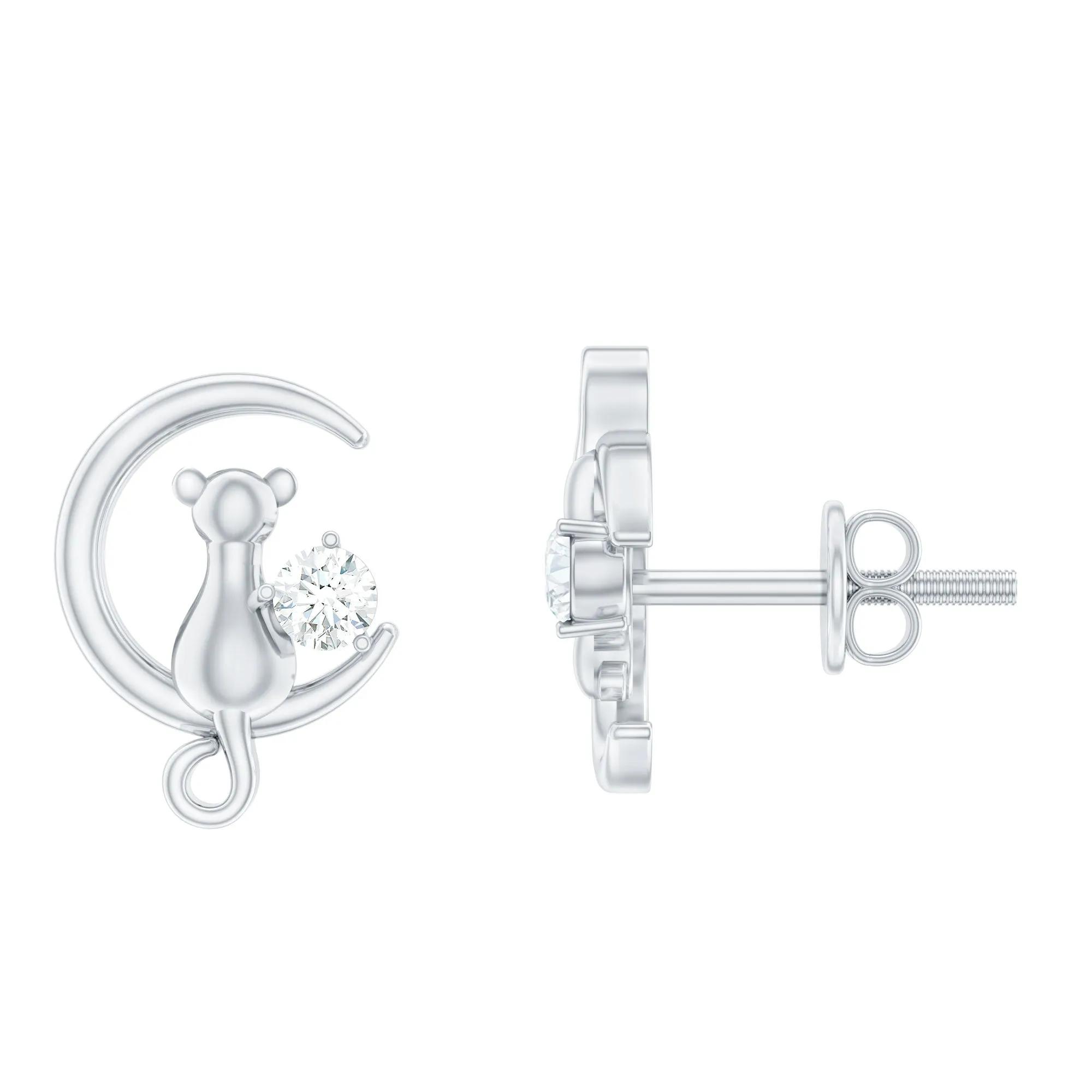 Cat Moon Stud Earrings for Women with Diamond