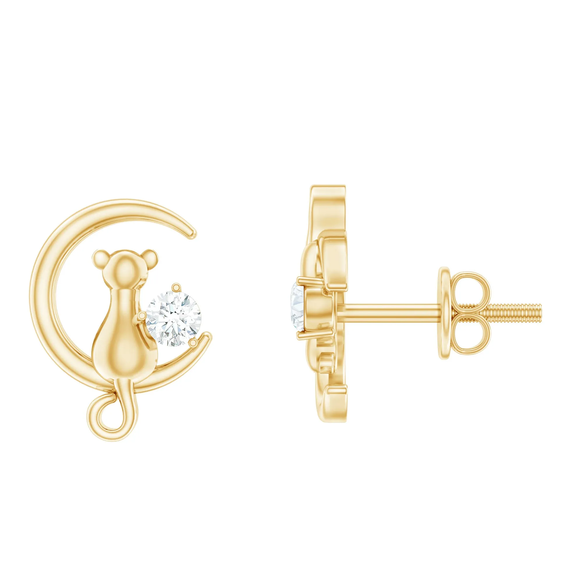 Cat Moon Stud Earrings for Women with Diamond