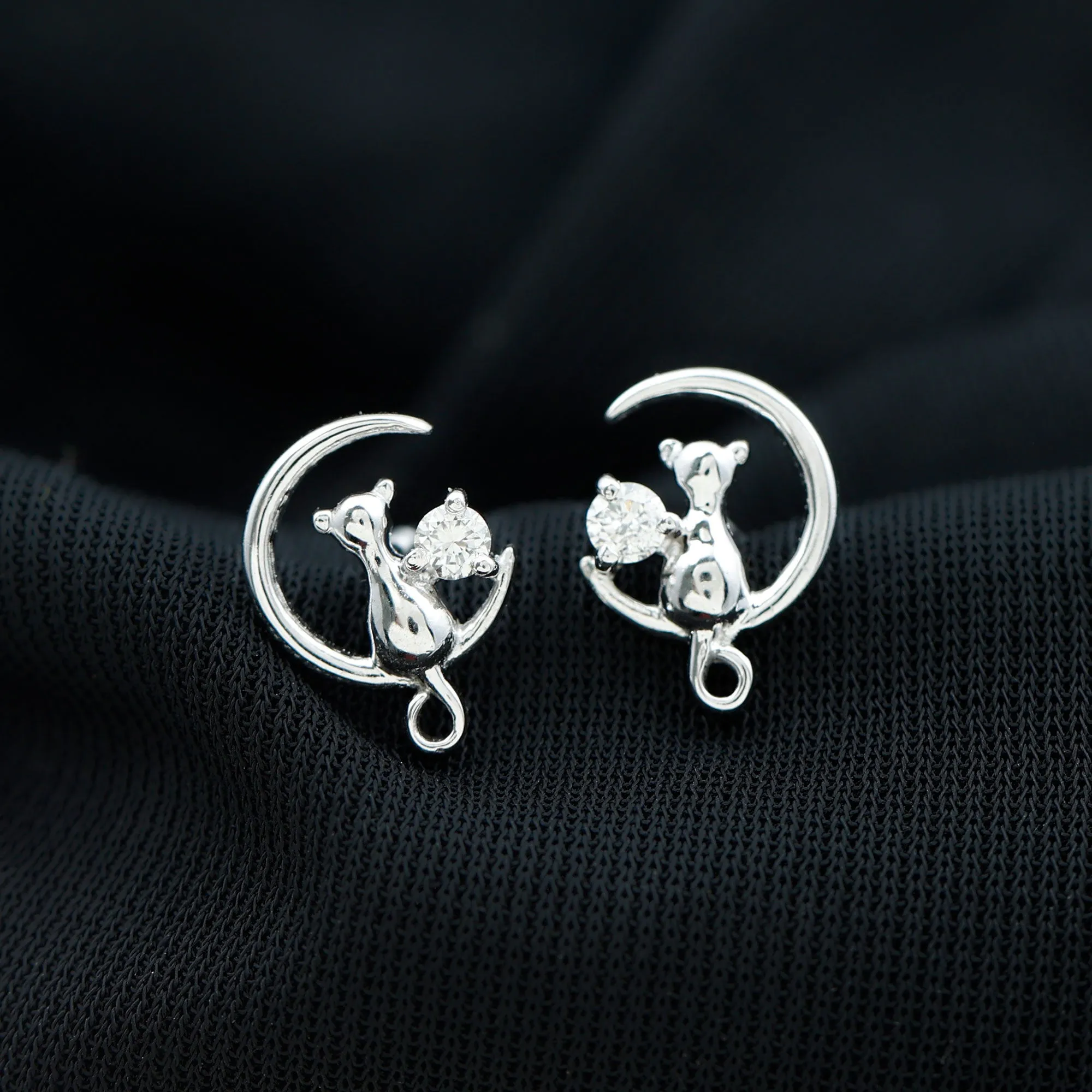 Cat Moon Stud Earrings for Women with Diamond