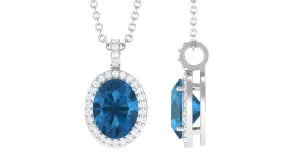 Classic Oval London Blue Topaz and Diamond Halo Pendant