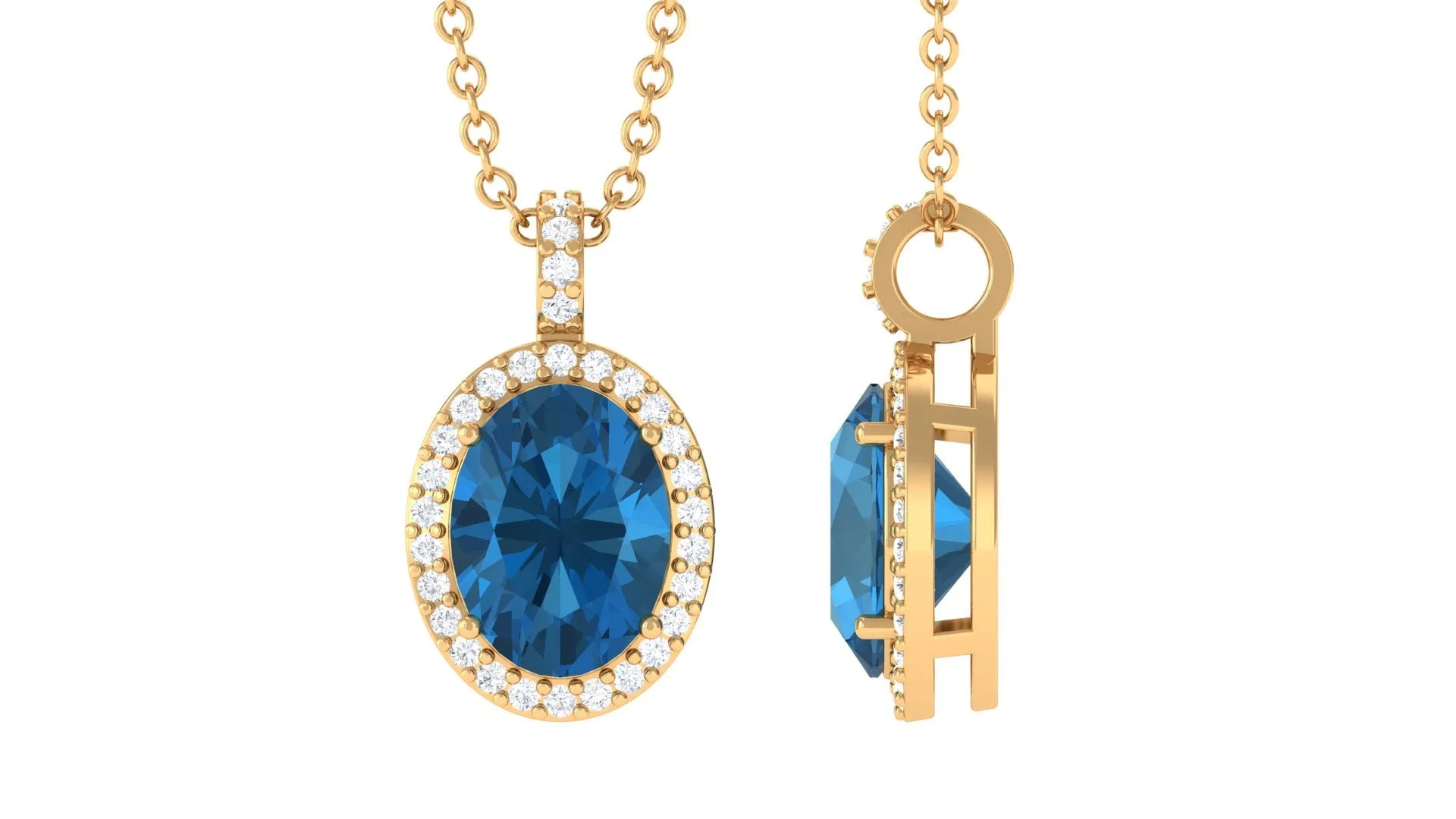Classic Oval London Blue Topaz and Diamond Halo Pendant