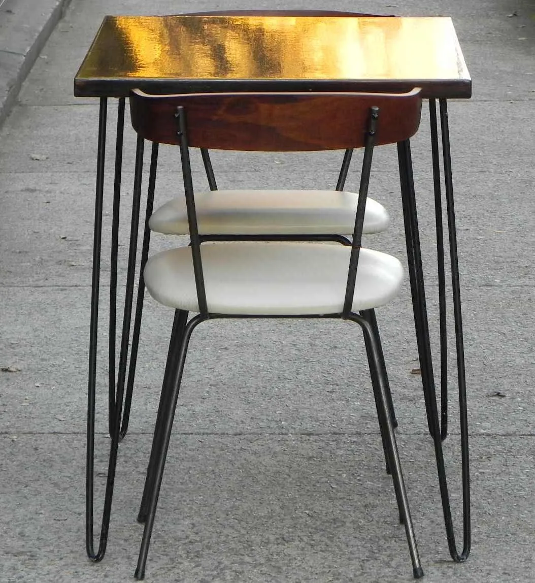Compact Wood, Iron & Leather Dining Set - Nelson Miller Hairpin Leg Table with Two Pascoe Chairs