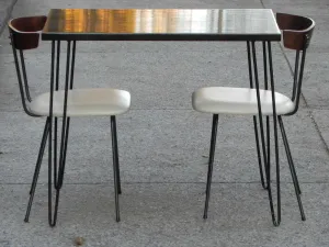 Compact Wood, Iron & Leather Dining Set - Nelson Miller Hairpin Leg Table with Two Pascoe Chairs