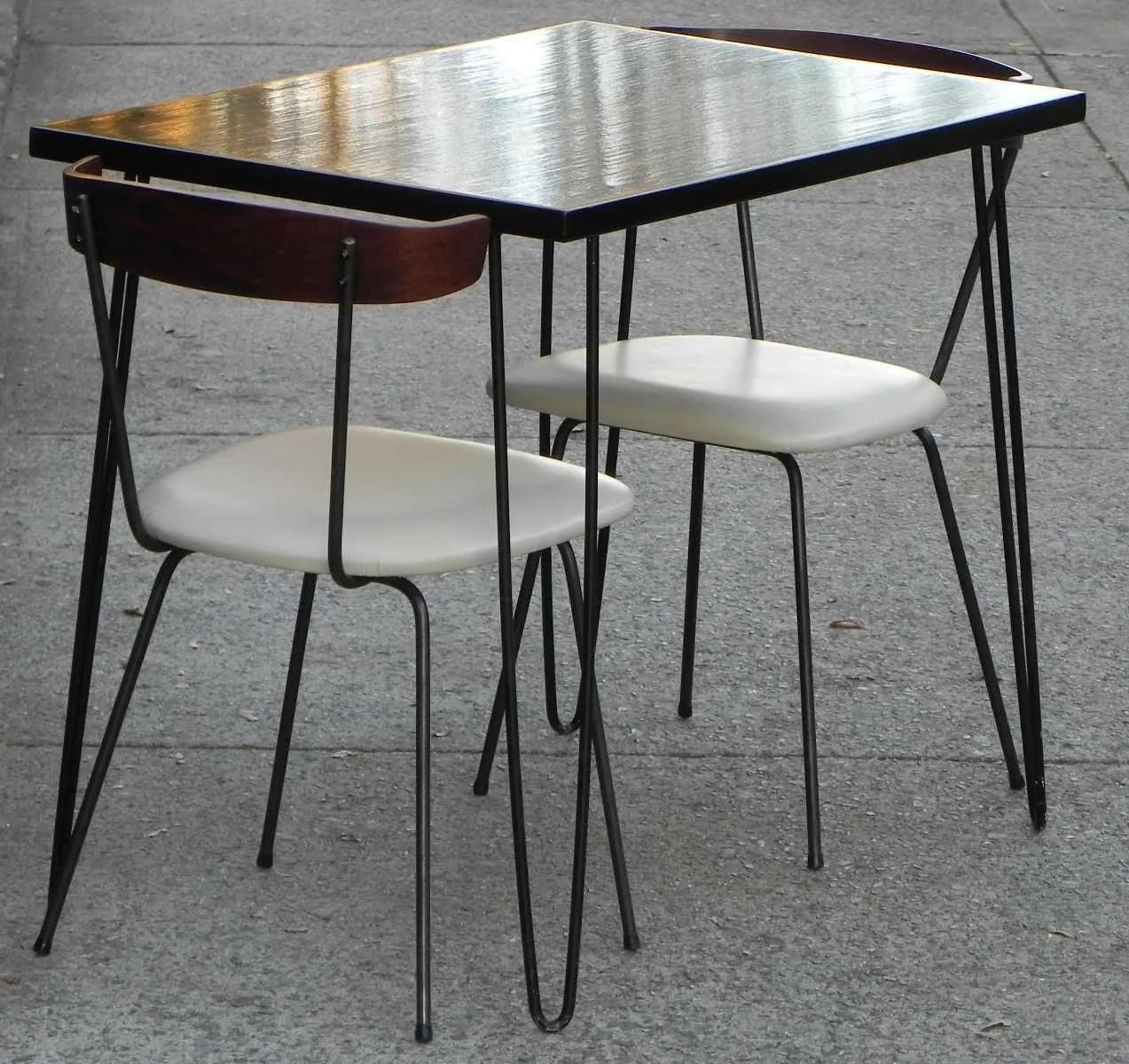 Compact Wood, Iron & Leather Dining Set - Nelson Miller Hairpin Leg Table with Two Pascoe Chairs