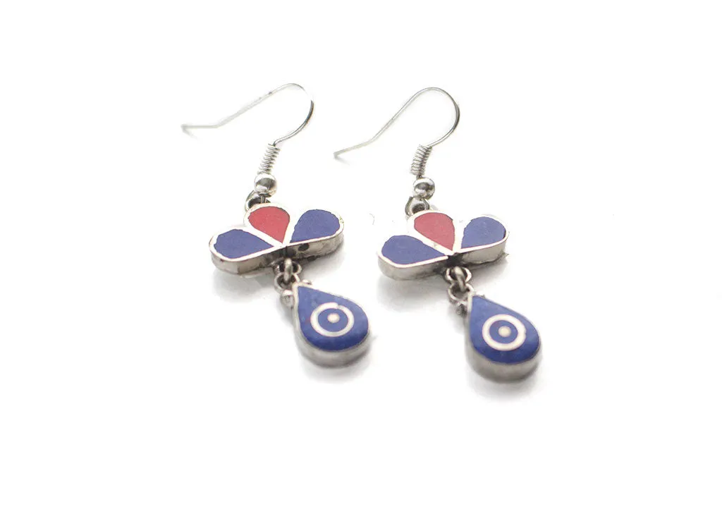Coral and Lapis Inlaid Drop Earrings