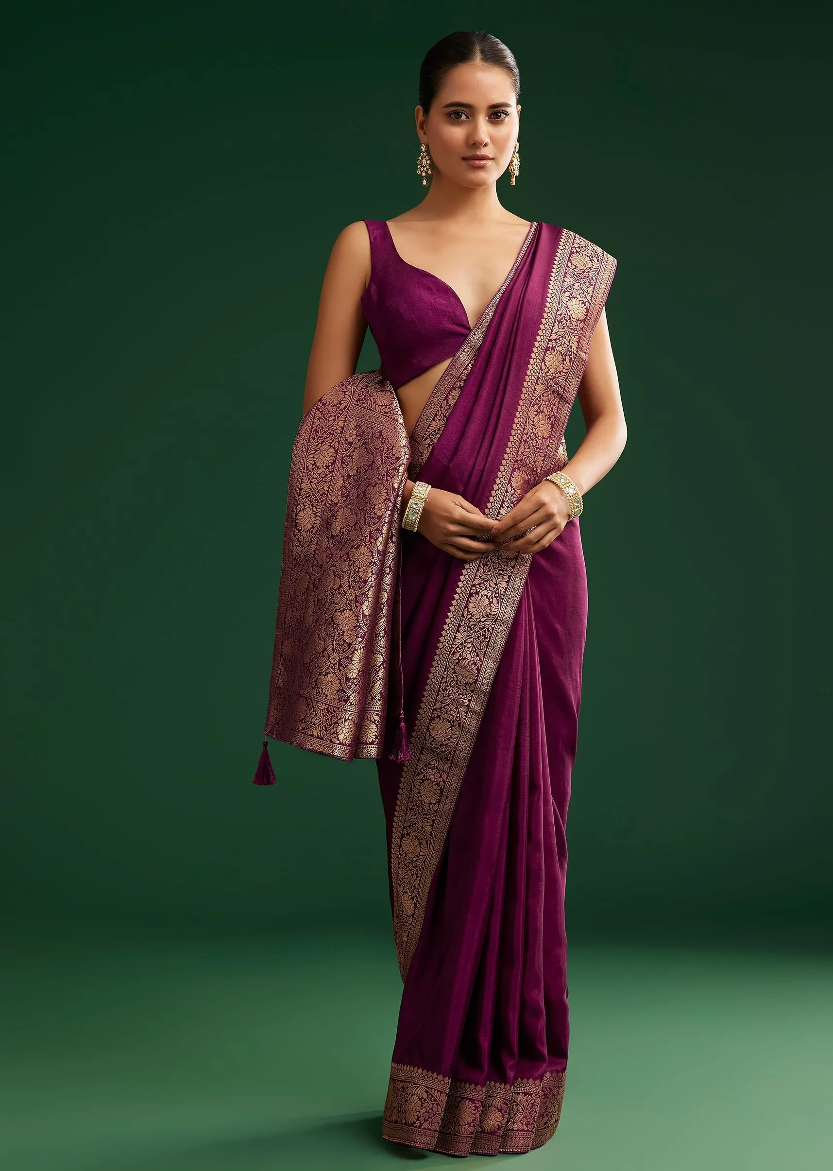 Dark Wine Dola Silk Saree With Zari Border And Pallu
