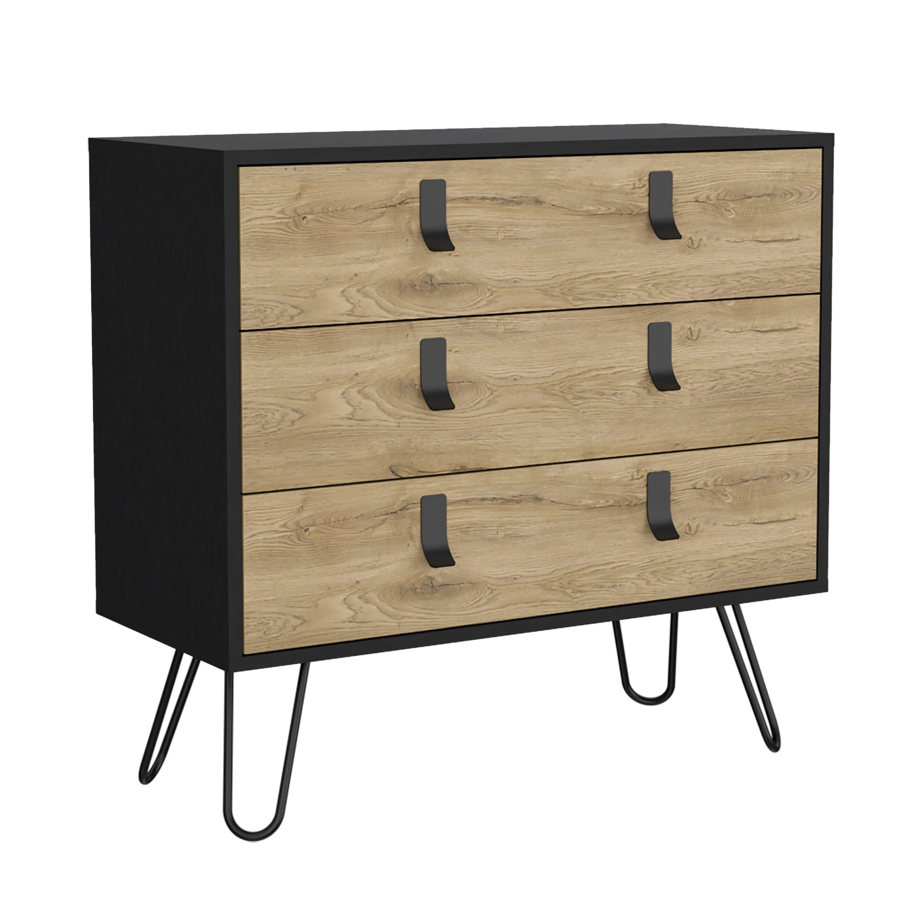 Dresser 29" H, 3-Drawer organiser, Modern Chest of Drawers with Hairpin Legs and Metal Accents, Black / Macadamia