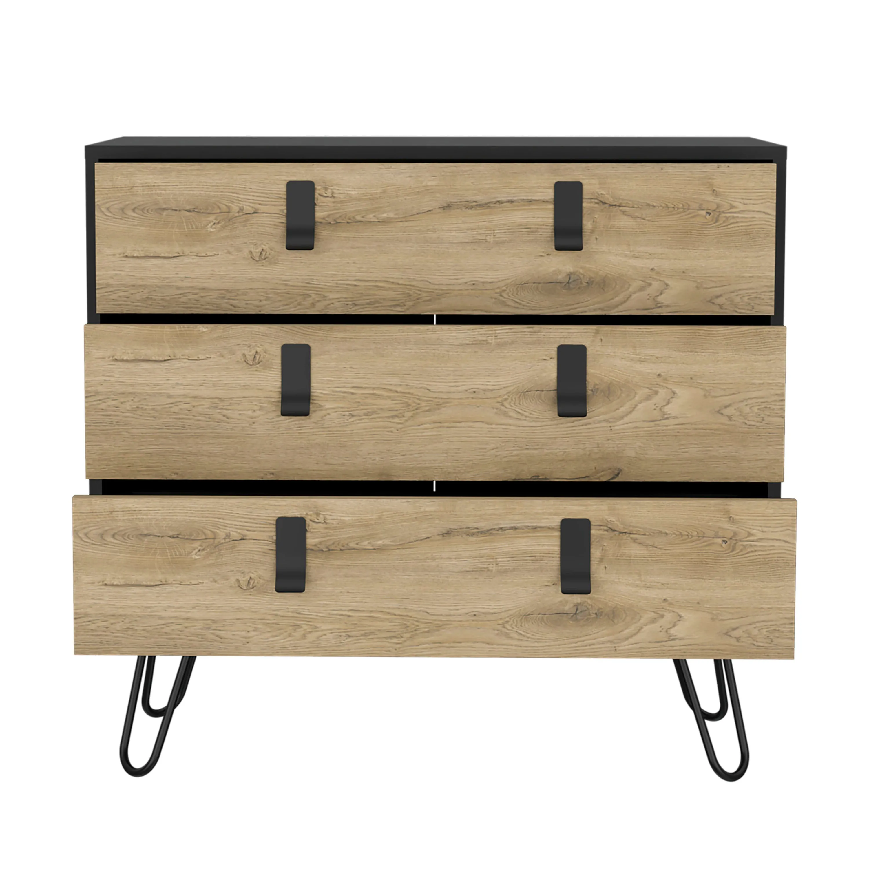 Dresser 29" H, 3-Drawer organiser, Modern Chest of Drawers with Hairpin Legs and Metal Accents, Black / Macadamia