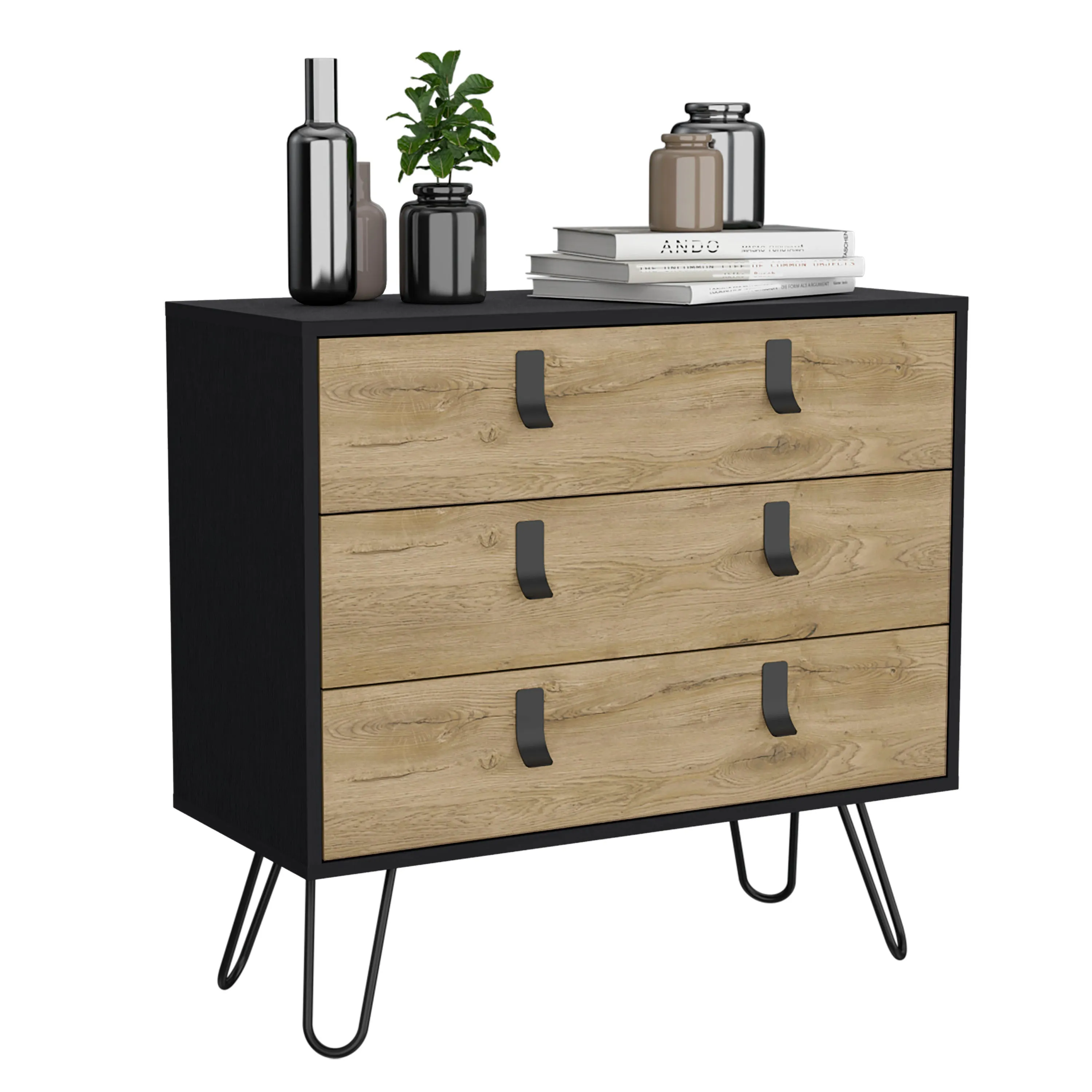 Dresser 29" H, 3-Drawer organiser, Modern Chest of Drawers with Hairpin Legs and Metal Accents, Black / Macadamia