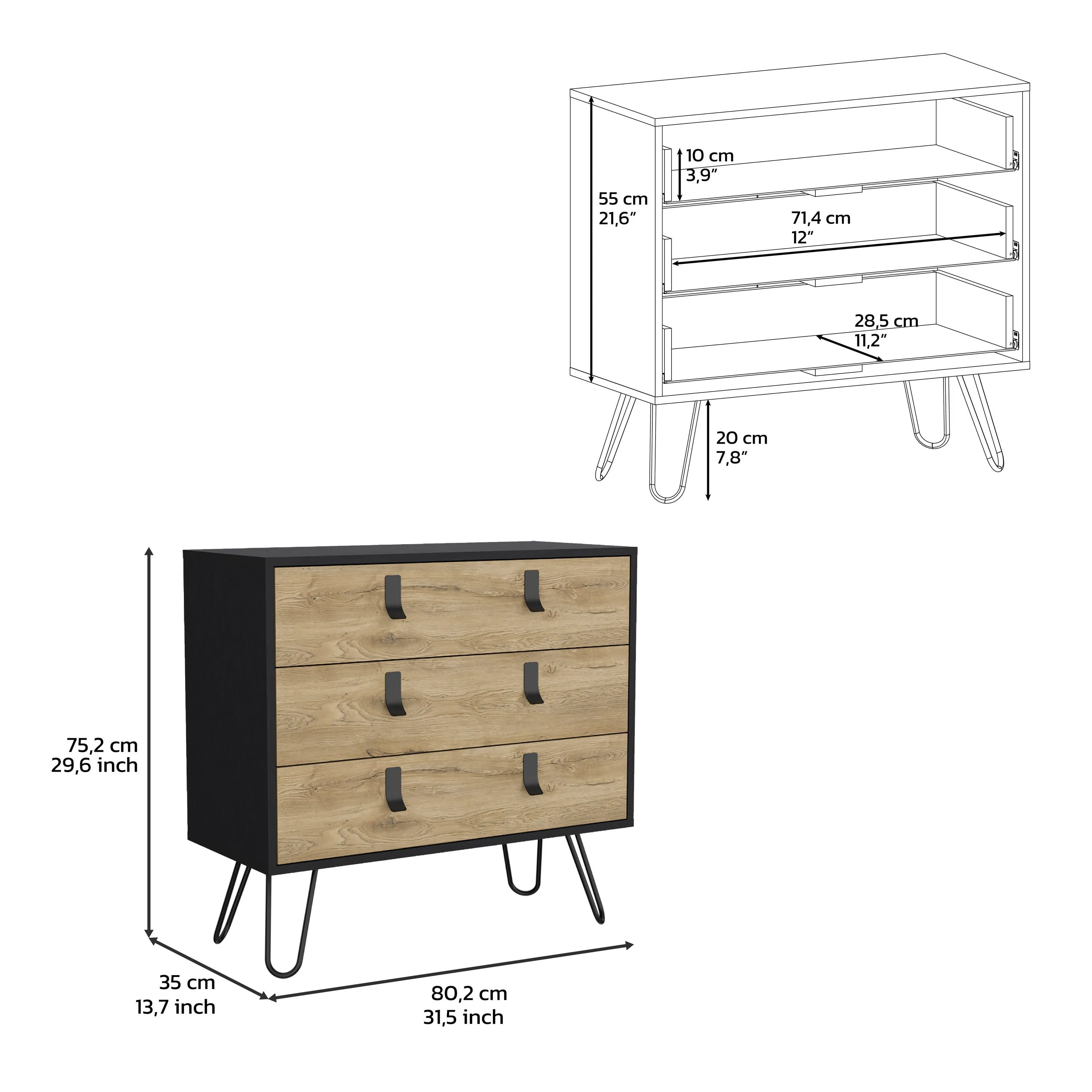 Dresser 29" H, 3-Drawer organiser, Modern Chest of Drawers with Hairpin Legs and Metal Accents, Black / Macadamia