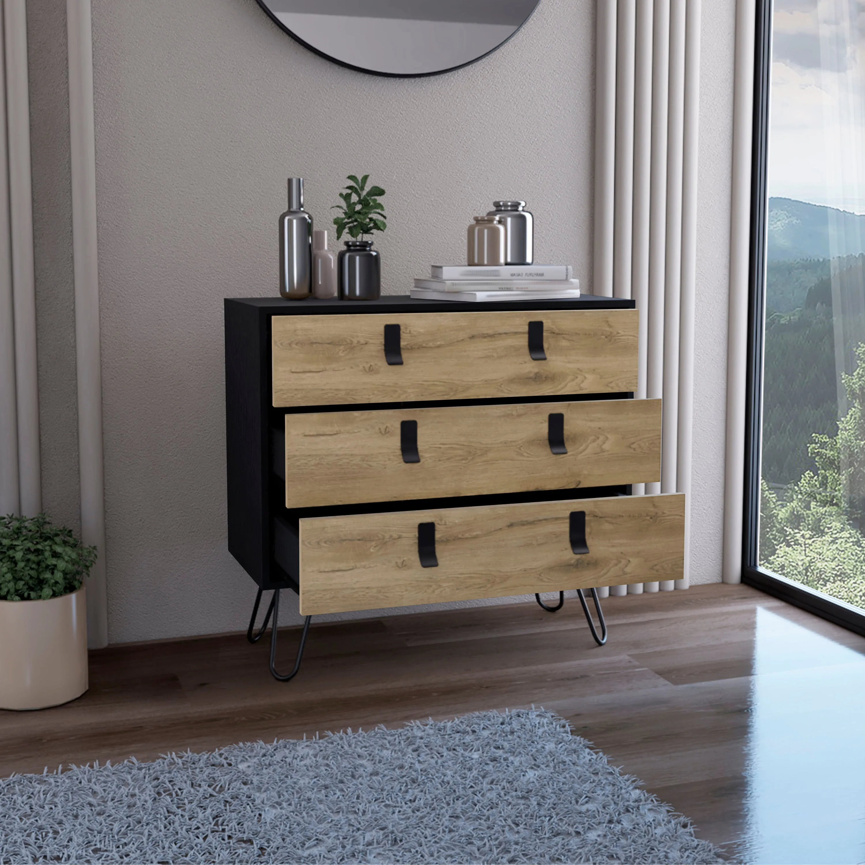 Dresser 29" H, 3-Drawer organiser, Modern Chest of Drawers with Hairpin Legs and Metal Accents, Black / Macadamia