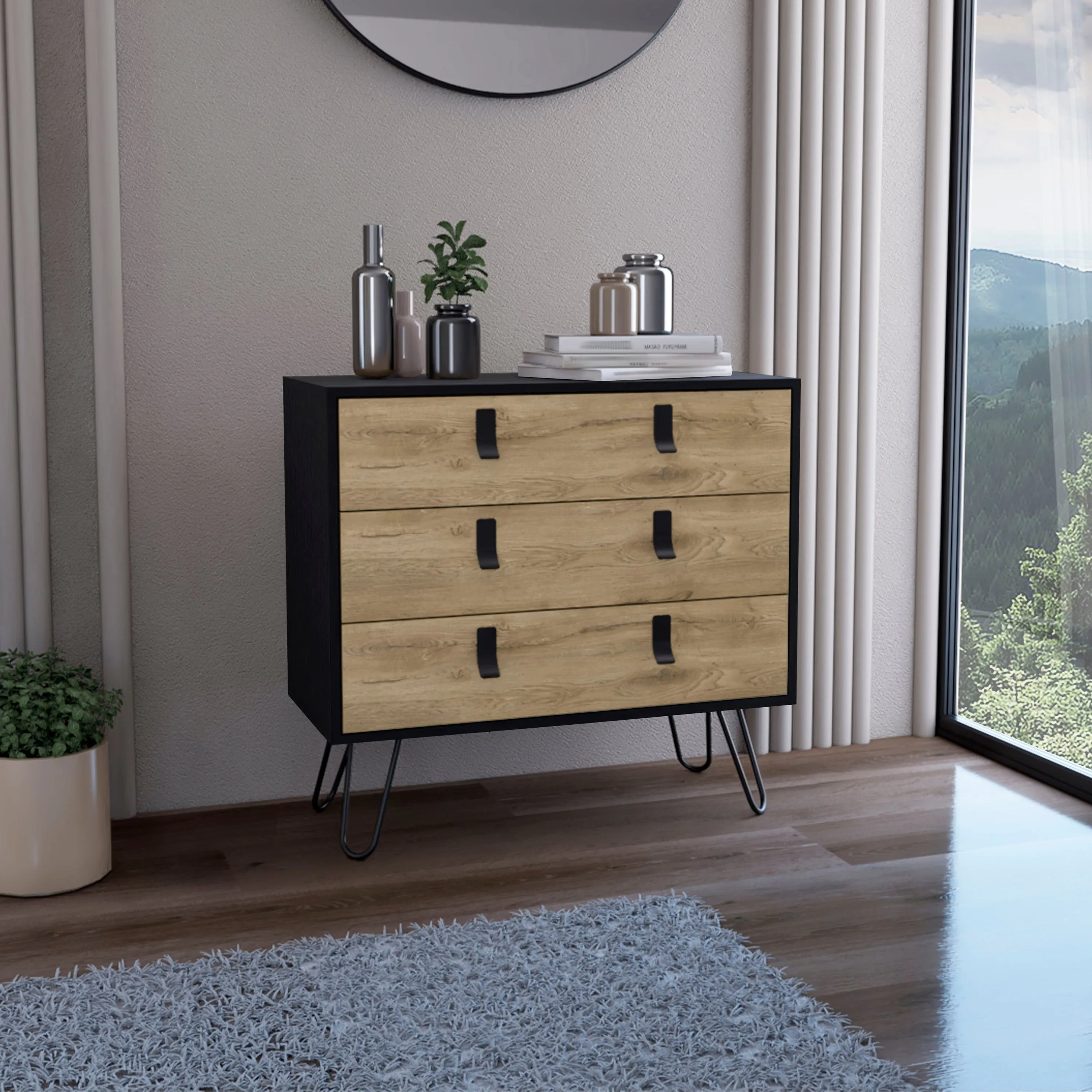 Dresser 29" H, 3-Drawer organiser, Modern Chest of Drawers with Hairpin Legs and Metal Accents, Black / Macadamia